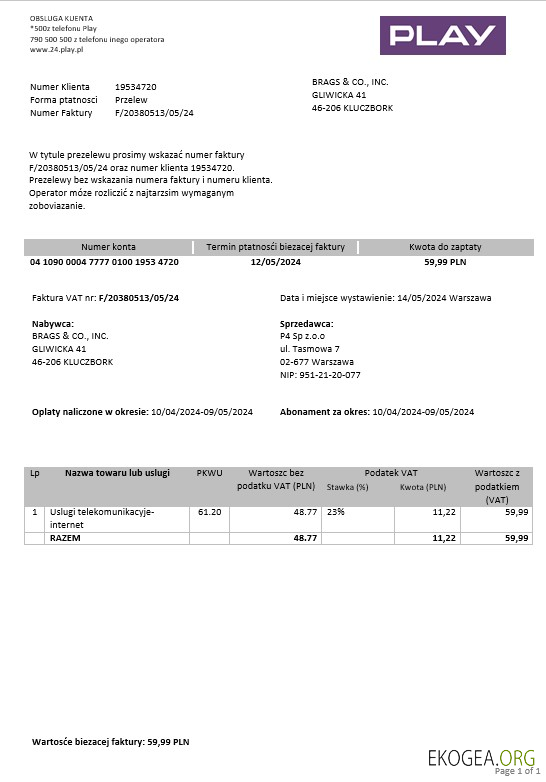 Modèle de facture de services publics pour les entreprises Pologne Play aux formats Word et PDF